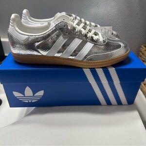 Adidas Silver Metallic Samba with White Stripes and Gum Sole